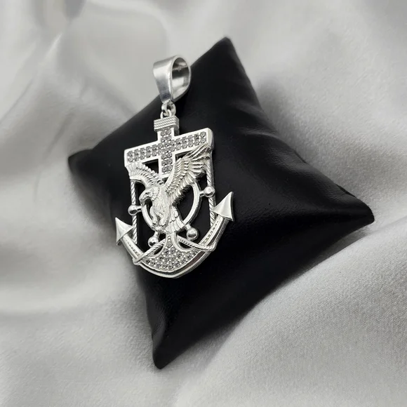 Luxury Sterling Silver 925 CZ Cross, Eagle, & Anchor Pendant